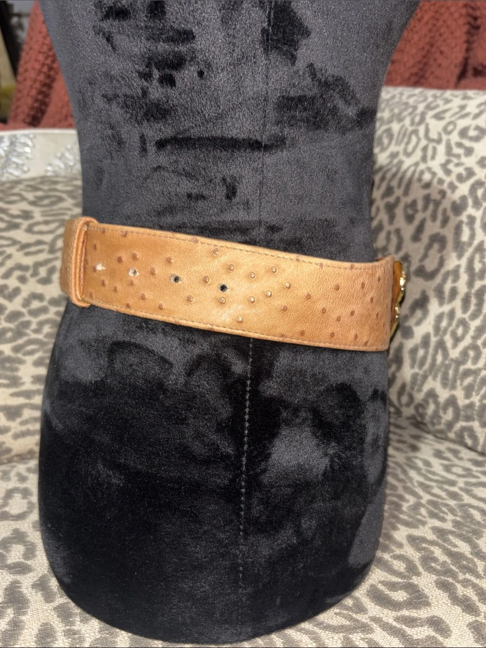 Vintage maximalist belt faux ostrich gold tone gladiator buckle leather belt